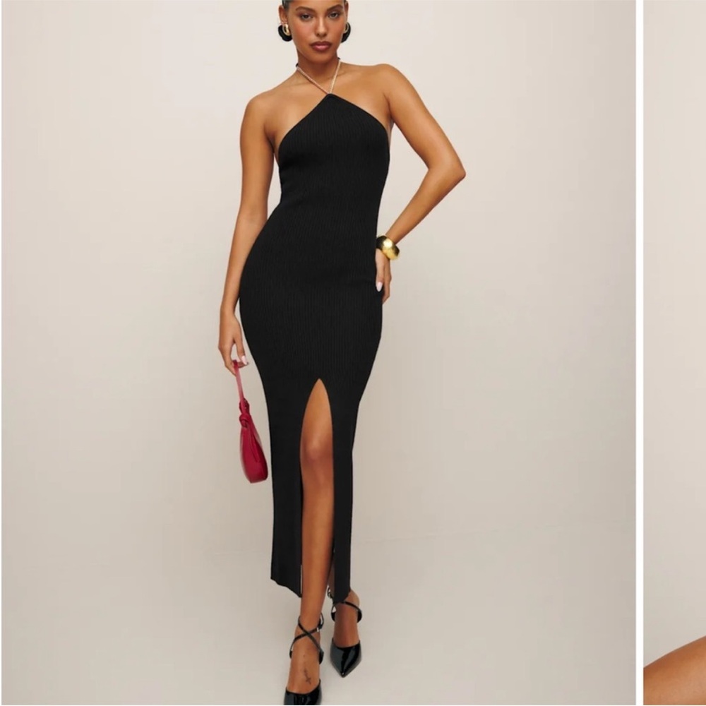 Reformation Black Ribbed Halter Maxi Dress with Front Slit